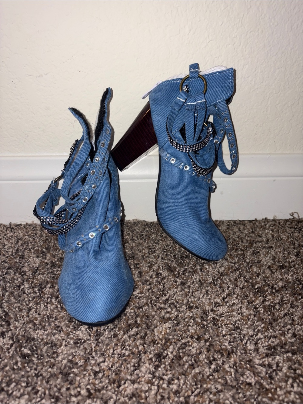 Blue Embellished Lace-Up Women's Boots